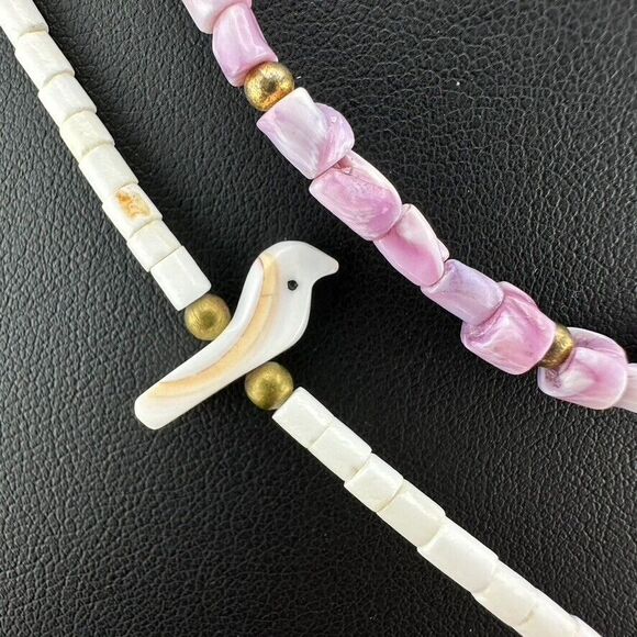 Vintage BIRD FETISH Necklace Purple & White Sea Shell Bead & Earrings - Picture 5 of 9